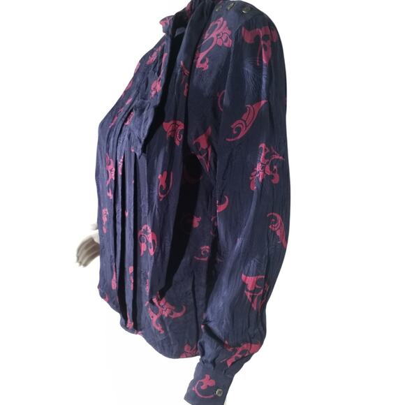 Christian Dior Silk Blouse Dark Blue Floral Print Button Cuff Size 6 - Picture 3 of 6